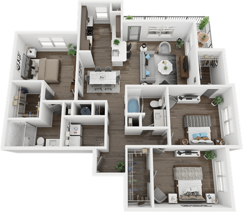 A 3D floor plan of a house showing all rooms and their layouts.